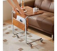 YYLMKMFC Mesa Auxiliar de 2 Niveles en Forma de C con Ruedas, Marco de Metal, Bolsillo Lateral de Cuero PU y 3 Espacios de Almacenamiento, Mesa Auxiliar de sofá móvil for habitación(Natural)