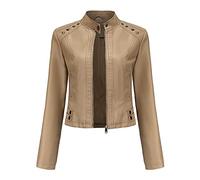 YYNUDA Chaqueta de Moto de Cuero Corta para Mujer con Remaches Bomber Cuello Subido Simili-Cuero Aviador Primavera/Otoño, beige, S