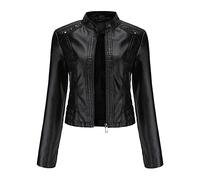 YYNUDA - Chaqueta de piel corta para moto, chaqueta de remache, para mujer, bombardero, cuello alto, chaqueta de piel sintética, aviador, primavera/otoño, Negro , XL