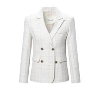 YYNUDA Mujer Traje Blazer Tweed Elegante Blazer Chaqueta a cuadros Casual Manga Larga Chaqueta Mujer Sakko Para Oficina, Blanco, M
