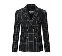 YYNUDA Mujer Traje Blazer Tweed Elegante Blazer Chaqueta a cuadros Casual Manga Larga Chaqueta Mujer Sakko Para Oficina, Negro , L