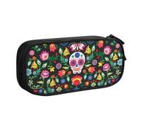 Yyoretp Estuche organizador de maquillaje con estampado de calavera y flores de terror de azúcar de gran capacidad., Black, Talla única, Estuche de belleza