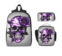Yyoretp Mochila ajustable versátil de gran capacidad con estampado de rosas moradas y calaveras, 3 piezas, lonchera y estuche para lápices