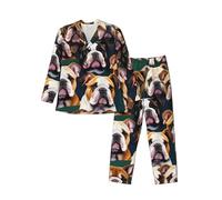 Yyoretp Pijama de manga larga con estampado de bulldog inglés para hombre, con botones, 2 piezas, con bolsillos, ropa de dormir cálida, Negro, XXL