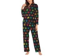 Yyoretp Pijama de manga larga con estampado de hojas de cannabis colorido para mujer, pijama de 2 piezas con bolsillos, ropa de dormir cálida, Negro, L