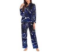 Yyoretp Pijama de manga larga con estampado que brilla en la oscuridad para mujer, pijama de 2 piezas con bolsillos, ropa de dormir cálida, Negro, L