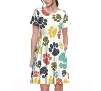 Yyoretp Vestido de verano para mujer, con estampado de huellas de perro, casual, de manga corta, vestido de playa con bolsillos, Negro, L