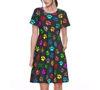 Yyoretp Vestido de verano para mujer, estampado de huellas de perro, color negro, casual, manga corta, vestido de playa con bolsillos, Negro, XL