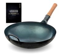 YYOSUKATA Sarten Wok de Acero al Carbono 36 cm - Pre-sazonado Wok aco Carbono Fundo Redondo Tradicional Сhino - Sin Recubrimiento Químico - Compatible Con Cocinas de Gas y Fuego Abierto (Azul)