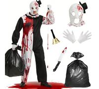 YYSWSAKY Conjunto de disfraz de Terror para hombre, disfraz de payaso de terror para Halloween: mono blanco y negro | Tocado | Guantes blancos | Campana navideña | Bolsa de plástic (XL)