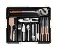 YYSWSAKY Organizador de Cubiertos para Cajón Cocina Extensible 56x48cm, Bandeja Separador Cubiertos Individual con 2 Portacuchillos Extraíbles, Cubertero para Cajón Cocina Plástico