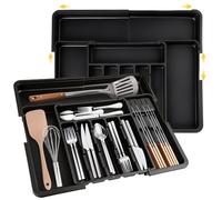 YYSWSAKY Pack 2 piezas Organizador de Cubiertos para Cajón Cocina Extensible 56x48cm, Bandeja Separador Cubiertos Individual con 2 Portacuchillos Extraíbles, Cubertero para Cajón Cocina Plástico