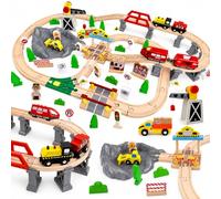 YYSWSAKY Tren de Madera para Niños, 100 Piezas Pistas de Tren Madera, con Tren Eléctrico y Grúa Magnética, Tren Juguetes Regalos de Cumpleaños y Navidad para Niños y Niña de 3+ Años