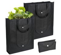 YYTECH Bolsa de Compras Reutilizable, 2 Piezas Bolsa Plegable Compra Negra 38 x 33 cm Bolsa de Tela con Base Bolsillo Delantero, Tote Bag Resistente al Agua y Sostenible para Compras, Picnic, Viajes