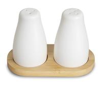 YYTECH Juego de salero y pimentero de cerámica, color blanco, salero y pimentero, pequeño con bandeja de bambú y pegatinas, para decoración de mesa de cocina rústica