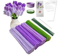 YYUENGTAK - Palillo de tubo artesanal para ramo de tulipanes morados, juego de flores para palillo de pipa, 200 piezas de hilo de chenilla artesanal (4 colores) púrpura y verde, con instrucciones