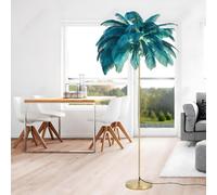 YYUTLUO Lámpara De Plumas Moderna, Lámpara De Pie De Plumas De Avestruz Natural, 160cm De Altura, Poste Dorado Y Luz De Pie Con Base, Bombillas LED G4 De 3 Temperaturas Color Sala De Estar (Azul)