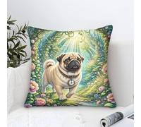 YYVKPMLXC Perro Pug Fundas Cojines Moderno Patrón,Bosque místico Cuadrado Funda De Almohada Poliéster Fundas De Cojín para Sofá, Salón, Decoración 40x40cm