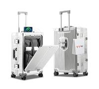 YYW - Equipaje de aluminio con ruedas giratorias, maleta ligera de policarbonato rígido, maleta de transporte con cerradura TSA integrada, con portavasos, puerto USB, soporte para teléfono, Plateado