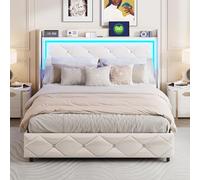 YYXLDYNB Cama doble acolchada, 160 x 200 cm, cama para adultos con iluminación LED y puerto USB, cama abatible hidráulica con espacio de almacenamiento, fácil de montar, somier, cuero PU, color blanco