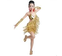 Yyyuluo Niñas Ropa de Baile con Lentejuelas y Flecos para Actuación Salsa Tango Borla Latino, Oro 110cm (Tallas más Pequeñas)
