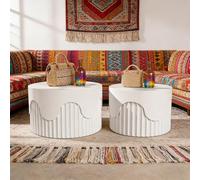 YYZIWYUN Juego De 2 Mesas De Centro Anidadas Mesas Auxiliares Modernas con Forma De Tambor Mesa De Centro Redonda Acanalada con Diseño De Rayas Onduladas para Sala De Estar Y Dormitorio,Blanca