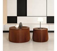 YYZIWYUN Juego De 2 Mesas De Centro Anidadas Mesas Auxiliares Modernas con Forma De Tambor Mesa De Centro Redonda Acanalada con Diseño De Rayas Onduladas para Sala De Estar Y Dormitorio,Brown a