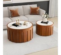 YYZIWYUN Juego De 2 Mesas De Centro Nido Redondas De Madera Mesa De Centro Auxiliar Moderna Y Lujosa con Acento con Tablero De Piedra Y Estructura De Madera para Sala De Estar O Apartamento,Brown a