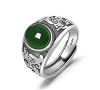 YZDKJ Producto Innovador Natural Hetian Jade Anillo Retro Esmeralda Apertura Ajustable Anillo Ajustable Exquisito Joyería de Plata de los Hombres
