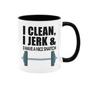 YZLFHO Divertida taza de café deportiva para levantamiento de pesas, I Clean, I Jerk & I Have A Nice Snatch, para los amantes del entrenamiento de levantamiento de pesas, taza de café de 11 onzas