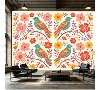 Yzpallescene Mural de pared de tamaño personalizado, arte popular, pájaros azules, flores botánicas coloridas, patrón floral retro, autoadhesivo, tela de pared extraíble, papel tapiz decorativo para
