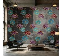 Yzpallescene Mural de pared de tamaño personalizado, diseño de línea dorada, estanque de loto, verde azulado, morado, textura de hormigón oscuro, tela autoadhesiva, papel tapiz extraíble para
