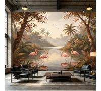 Yzpallescene Mural de pared de tamaño personalizado, flamenco tropical, lago, palmeras, puesta de sol, naturaleza botánica, autoadhesivo, tela de pared extraíble, papel tapiz decorativo para sala de
