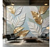 Yzpallescene Mural de pared de tamaño personalizado, pluma blanca dorada botánica, textura de arte abstracto, tela de pared autoadhesiva, papel tapiz extraíble para despegar y pegar, decoración de
