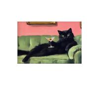 YZWRWRMKTB Bar Cart Wall Decor, Retro Black Cat Cocktail Art, Pink Green Vintage Canvas Print, Eclectic Bedroom Decor(Framed,08x12inch(20x30cm))