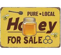 YZWRWRMKTB Pure Local Honey Metal Tin Sign Rustic Farm Wall Decor Plaque Honey Jar Bees Illustration Kitchen Market Shop 8 X 12 in