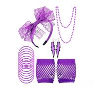 YZZT Juego de 7 accesorios de disfraces de los años 80, accesorios de disfraz de fiesta de los años 80, con diadema de encaje, aretes, collar, guante de red, disfraz de fiesta elegante para fiesta