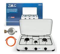 Z.M.C Cocina de gas de tres focos, hornillo de camping con manguera + regulador, gas licuado de propano (LPG) optimizado/2,2 kW cada uno y un quemador de 1,0 kW, consumo de 393 g/h en 2 niveles