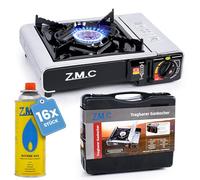 Z.M.C Hornillo de gas con 1 llama con bolsa de almacenamiento, 16 cartuchos de gas de 227 g, estufa de gas de camping para exterior e interior, 2,2 kW con encendido piezoeléctrico