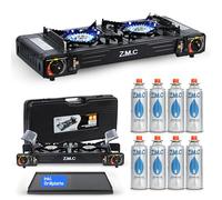 Z.M.C Hornillo de gas de camping con 2 fuegos y placa de 45 x 24 cm, 8 cartuchos de 227 g, dispositivo de seguridad para exteriores e interiores