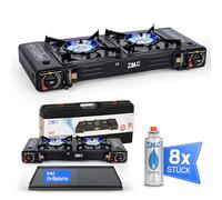 Z.M.C - Hornillo de gas para camping (2 fuegos, 8 cartuchos de gas de 227 g y placa de parrilla, 2,5 kW, incluye adaptador para conexión LPG + maletín de almacenamiento, estufa de camping)