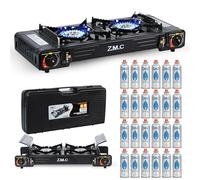 Z.M.C Hornillo de gas para camping de 2 fuegos + 24 cartuchos de gas de 227 g, hornillo de camping con maletín de transporte para exterior e interior, hornillo de gas doble con encendido