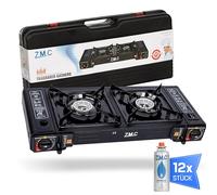 Z.M.C Hornillo de gas para camping de 2 fuegos con 12 cartuchos de gas de 227 g, 2,5 kW, incluye adaptador para conexión LPG + maletín de almacenamiento, set de hornillo de camping con encendido
