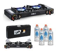 Z.M.C Hornillo de gas prémium para camping con 2 fuegos + 4 cartuchos de gas de 227 g, hornillo de camping con seguridad de encendido para exterior e interior, hornillo de gas doble con encendido