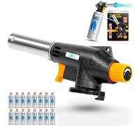 Z.M.C Quemador de gas + 16 cartuchos de gas de 227 g, soplete de soldadura, soplete de hasta 1300 °C, soplete Bunsen, soplete de 1,3 kW, quemador de soldadura, quemador de cocina con llama ajustable