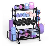 ZACHVO Estante para Pesas - Soporte de Almacenamiento para Gimnasio en Casa con Ruedas 360°, Organizador Compacto para Mancuernas, Pesas Rusas, Bloques de Yoga, con 8 Ganchos