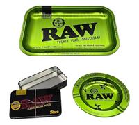 Zactly RAW - Kit de bandeja 3 en 1 - Bandeja rodante esmeralda edición 20 aniversario, cenicero a juego y lata de almacenamiento negra - Juego de metal premium para rodar accesorios, almacenamiento y