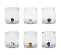 Zafferano Bilia - Vaso Tumbler de Vidrio Transparente Hecho a Mano, Decorado con una Bola de Vidrio de Color en el Interior, cl 44 h 90mm d 88mm, Juego de 6 Piezas - Colores Variados