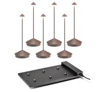 Zafferano Pina Pro Marrón Óxido, Set de 6 Lámparas de Mesa LED Recargables, Inalámbricas, Control Táctil, Regulable 2200-3000 K, 29 cm, con Estación de Carga