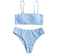 ZAFUL Bikini para Mujer con Textura Tipo Bandeau, Traje de ba?o Acolchado de Corte Alto Azul M